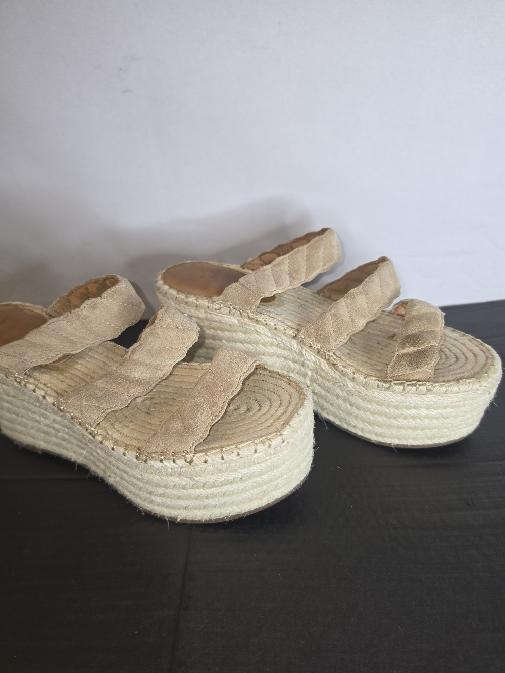 Marc Fisher Beige Suede Triple-Strap Platform Espadrilles